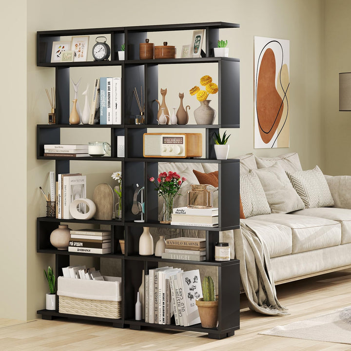 Giantex 6-Tier Geometric Bookcase Set of 1/2 64" Tall S-Shaped Bookshelf