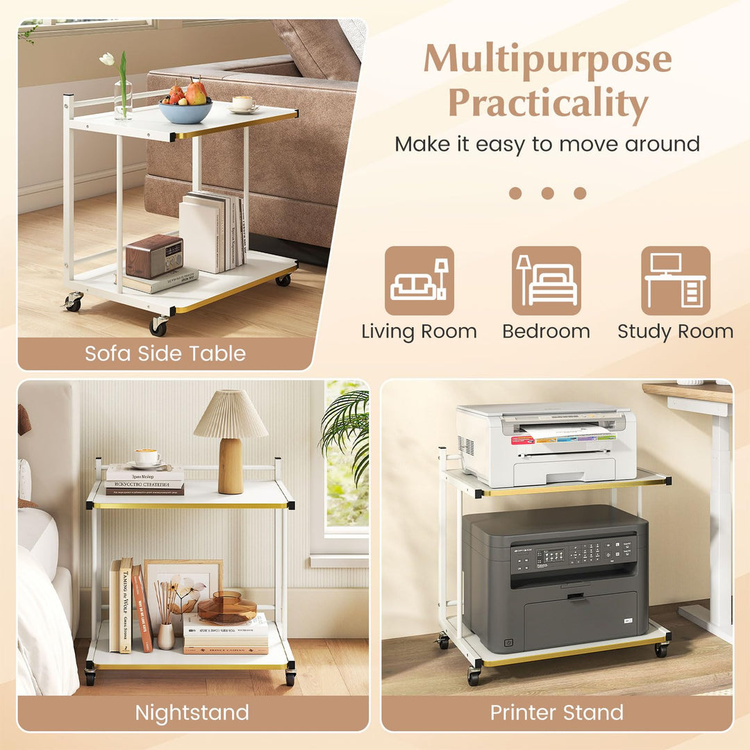 Giantex Mobile C-Shaped End Table - 2-Tier Sofa Couch Bed Side Table w/Open Storage Shelves & Golden Edge Banding