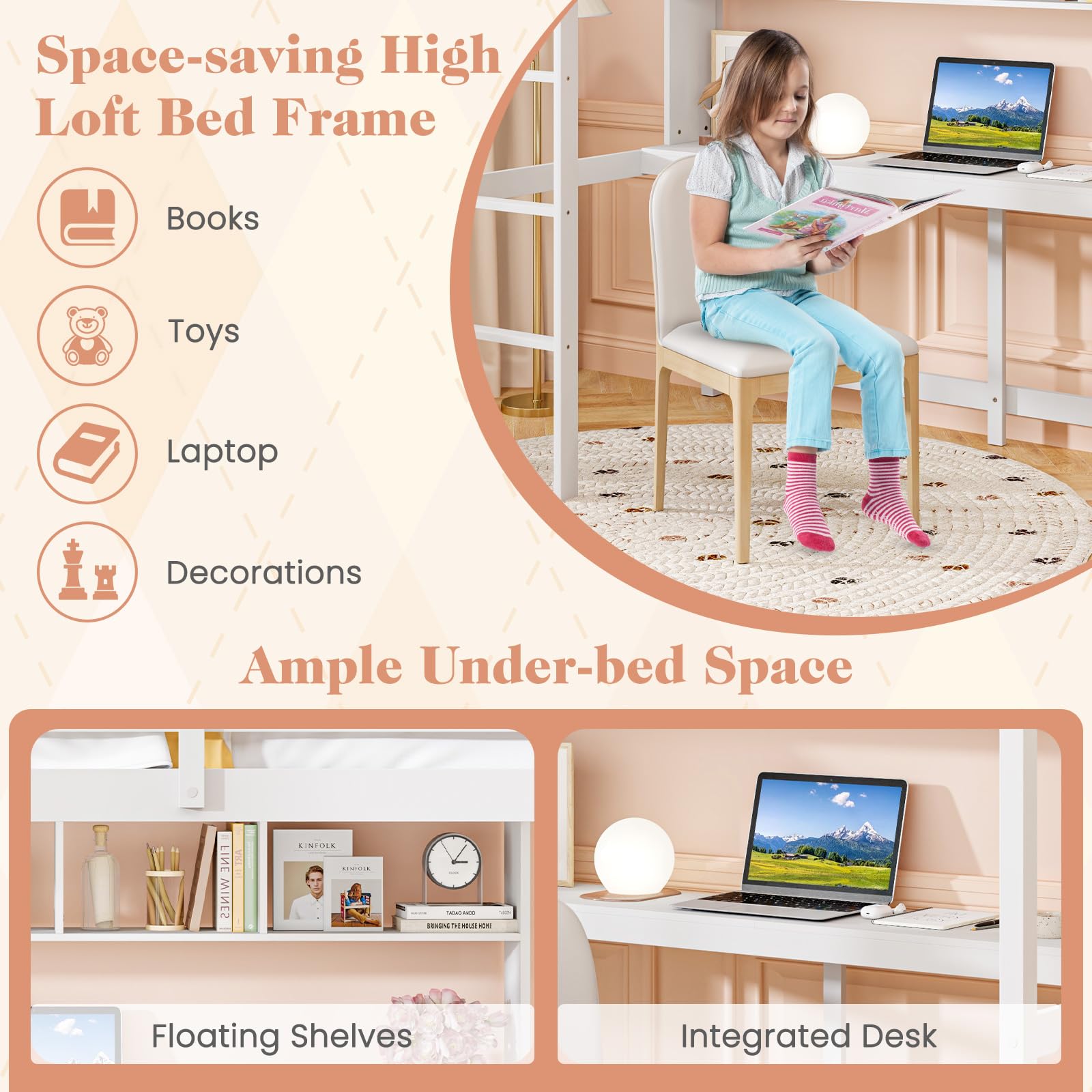Giantex Solid Wood Twin Loft Bed with Desk and Bookcase