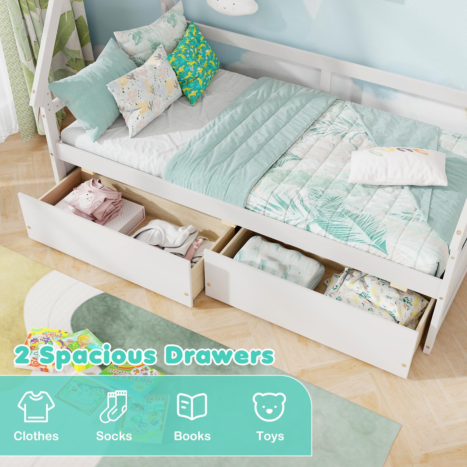 Giantex Twin Bed with 2 Storage Drawers, Wood Montessori House Tent Bed Frame with Safety Guardrail