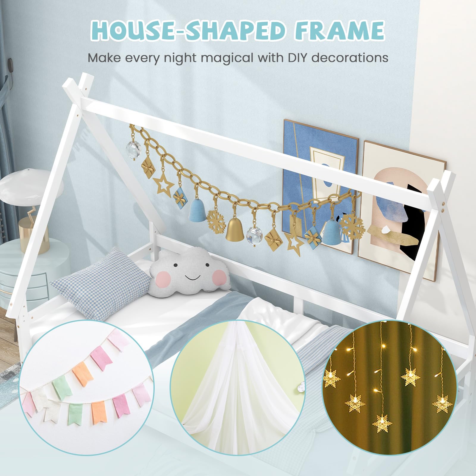 Giantex Twin House Bed with Trundle, Wood Montessori Tent Bed Frame with Safety Guardrail