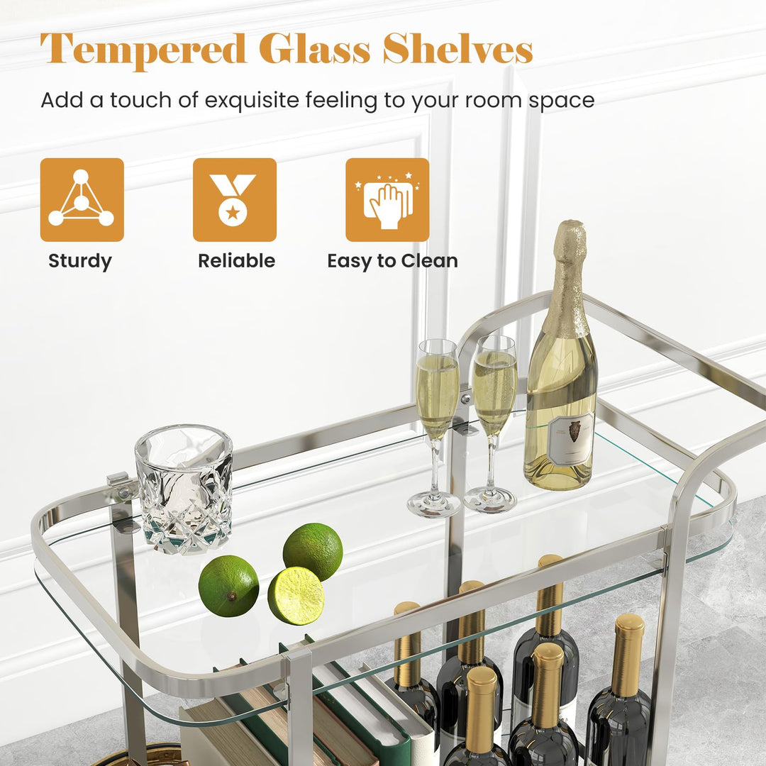Giantex 2-Tier Bar Cart, Stylish Rolling Serving Cart w/Tempered Glass Shelves