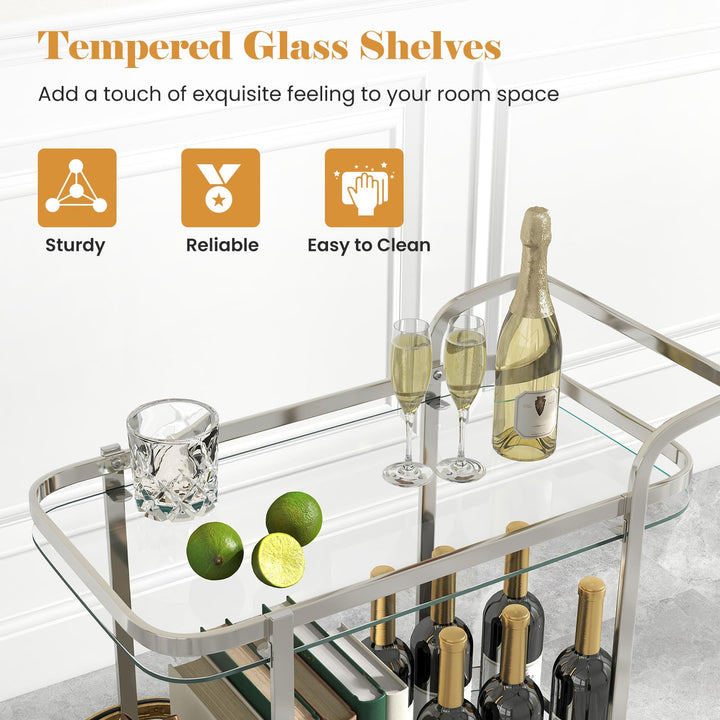 Giantex 2-Tier Bar Cart, Stylish Rolling Serving Cart w/Tempered Glass Shelves