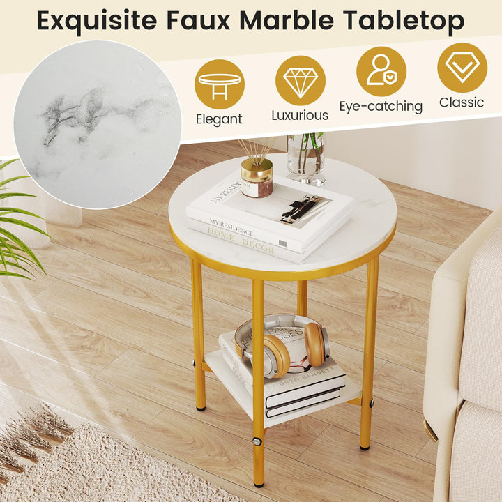 Giantex Round Side Table 2-Tier Faux Marble Sofa Side Coffee Table w/Gold Frame & Open Shelf