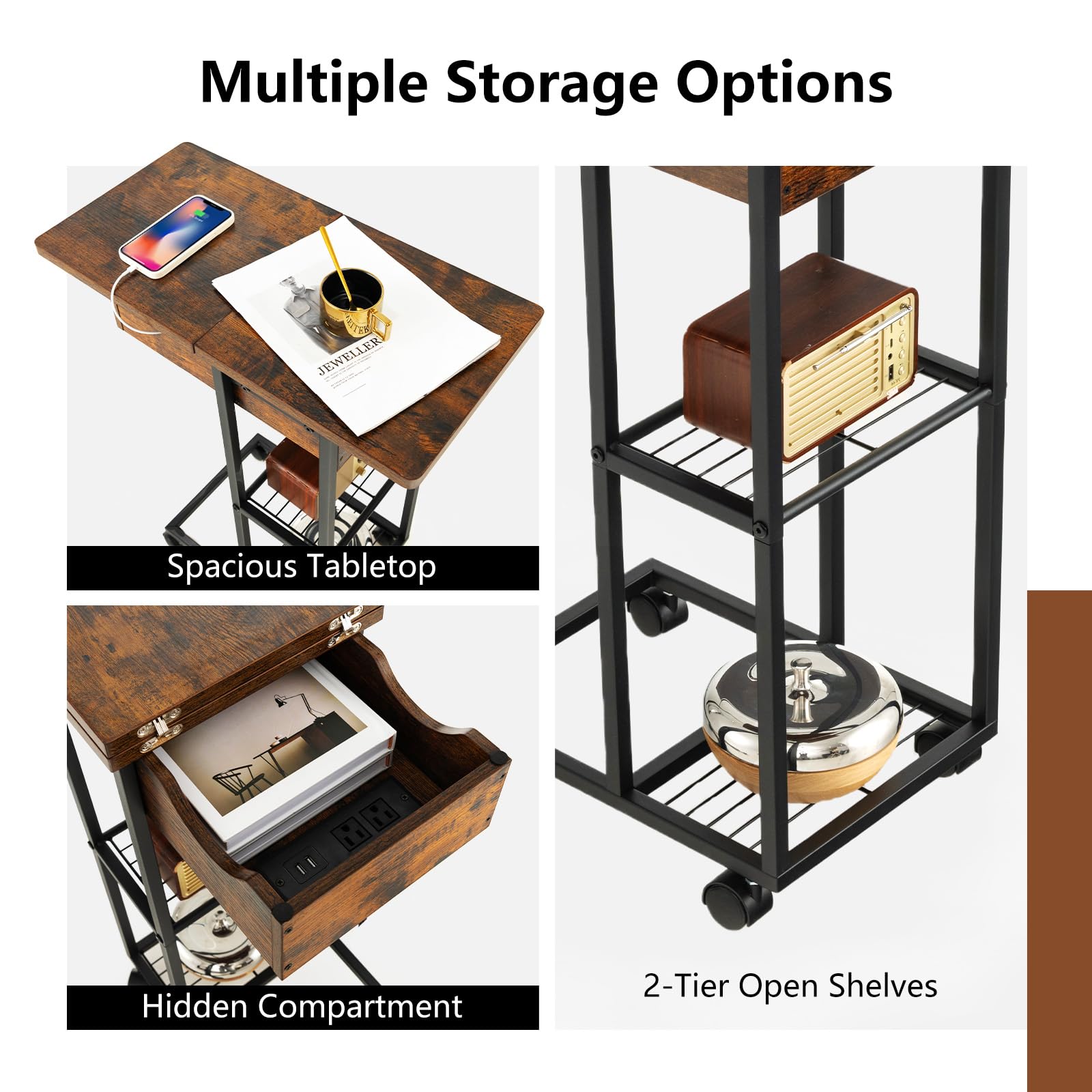 Giantex C-Shaped End Table with Charging Station Set