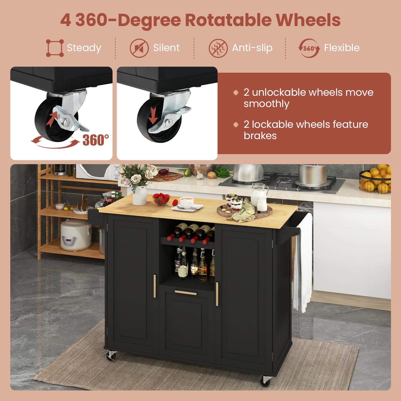 Mobile Kitchen Island, Black - Giantex