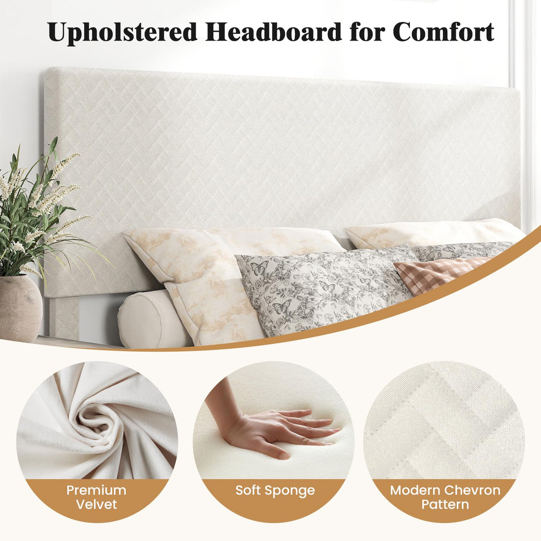 Giantex Bed Frame | Velvet Upholstered Platform Bed w/Height Adjustable Chevron Headboard