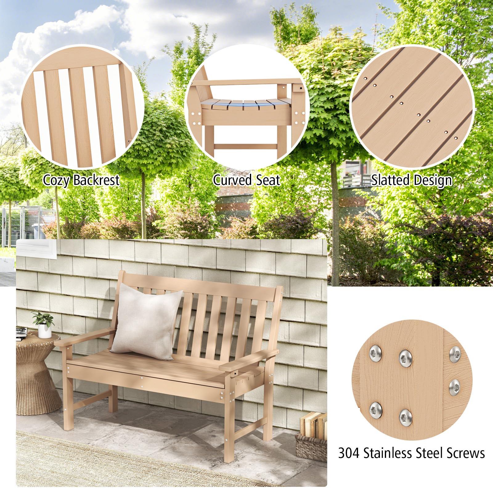 Giantex Outdoor Bench, 52-Inch Outside Bench All-Weather HDPE Park Bench with Backrest and Armrests