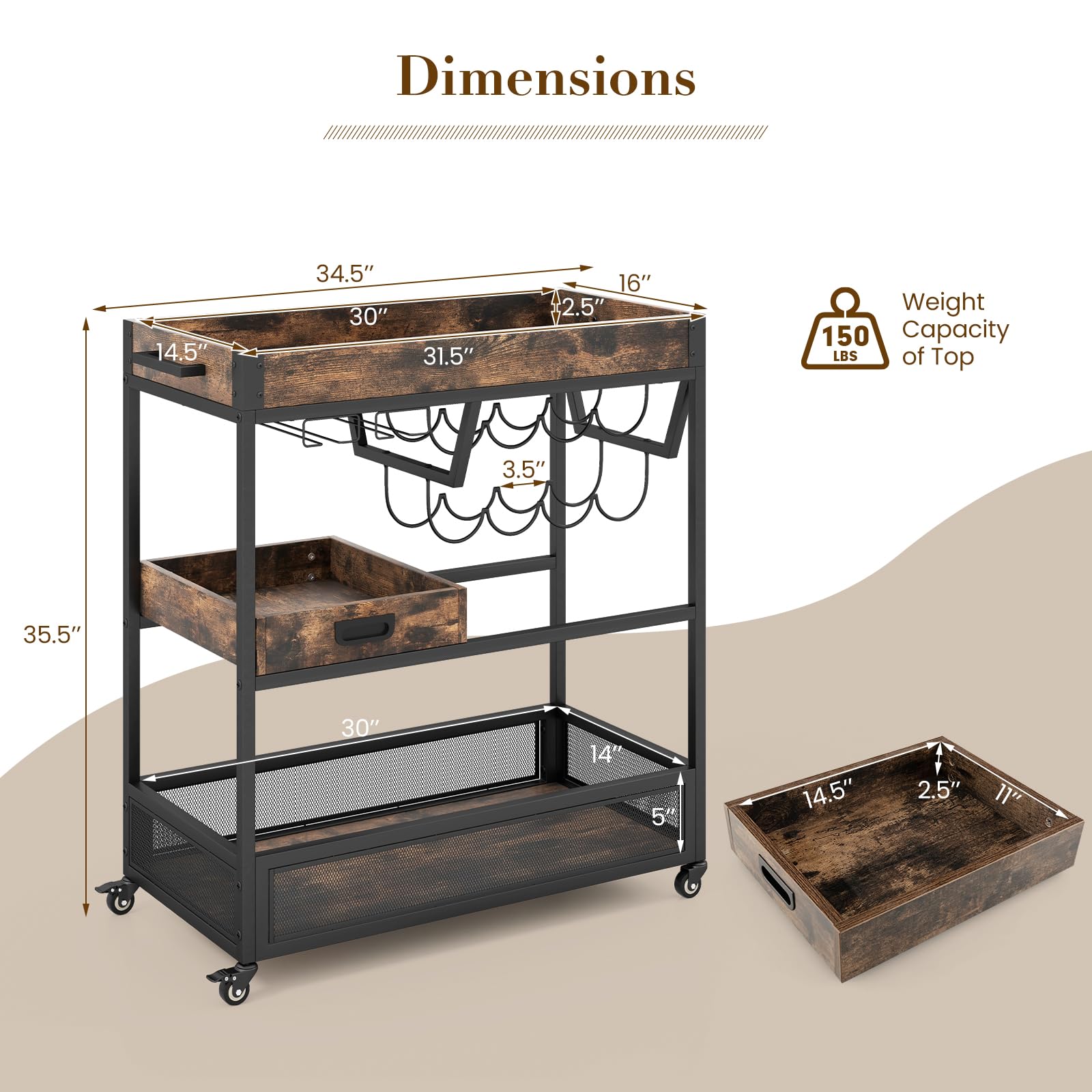 Giantex Rolling Bar Cart, 3-Tier Industrial Buffet Serving Cart with Wine Rack, Stemware Rack & Removable Tray