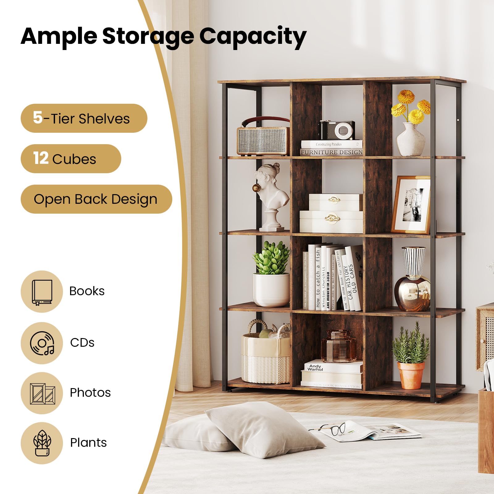 Giantex 12 Cube Bookcase 5 Tier Industrial Bookshelf
