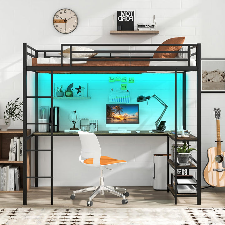 Giantex Twin Loft Bed with L-Shaped Desk, Metal Loft Bed Frame with LED Lights