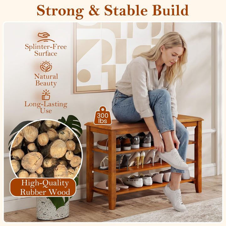 Giantex 4-Tier Rubber Wood Shoe Rack Bench with Adjustable Shelves