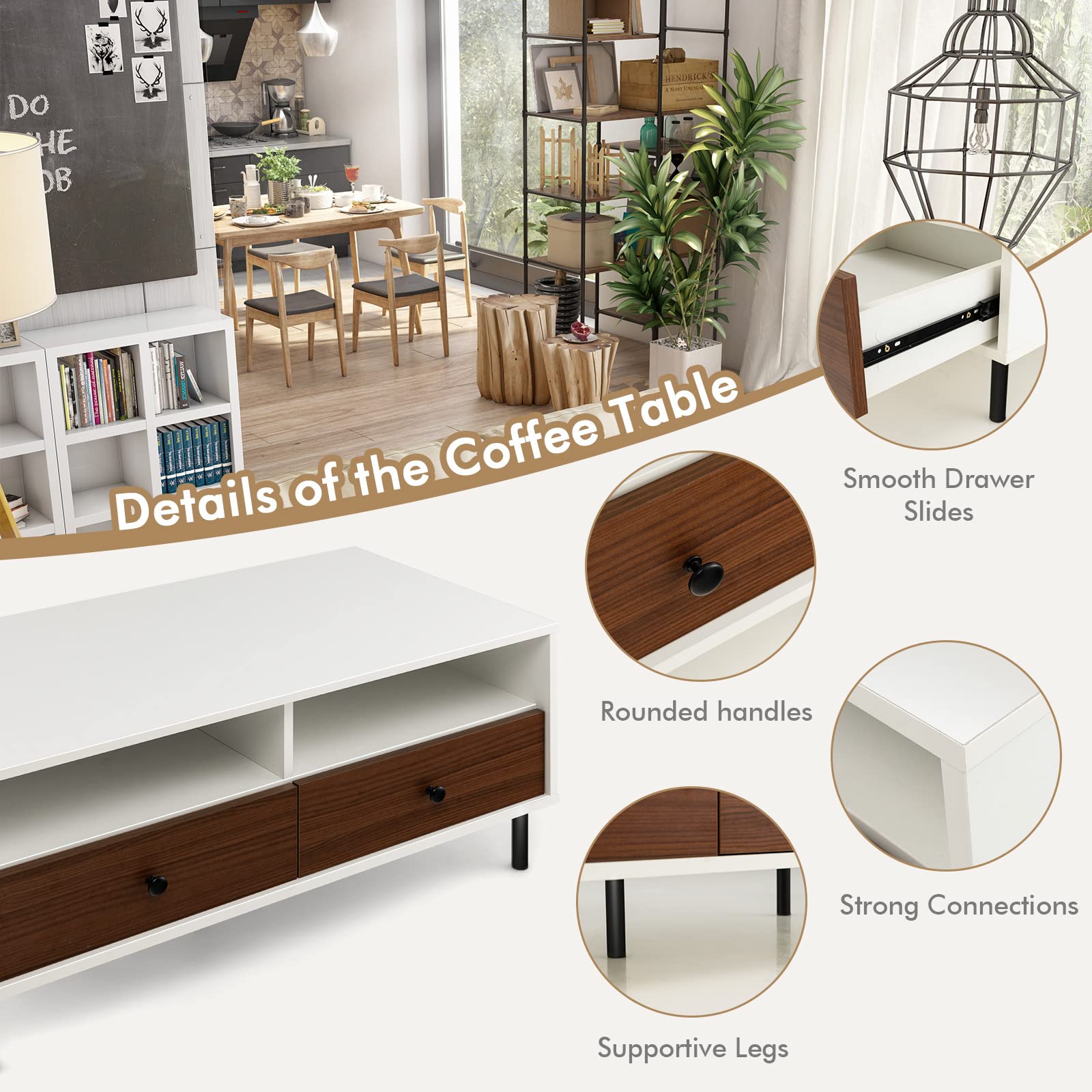 Giantex Rectangular Coffee Table with Storage, 2 Tier Wood Tea Table with 2 Drawers