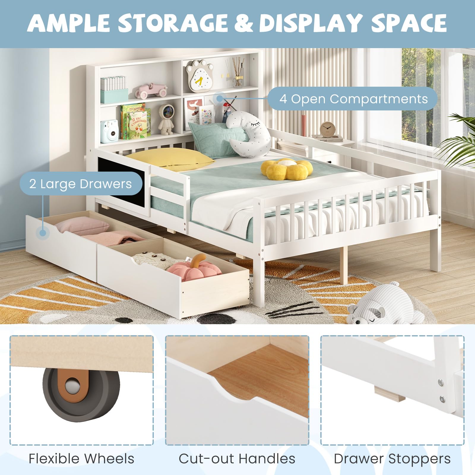 Giantex 2 Storage Drawers, Solid Wood Kids Bed Frame w/Bookcase Headboard & Blackboard