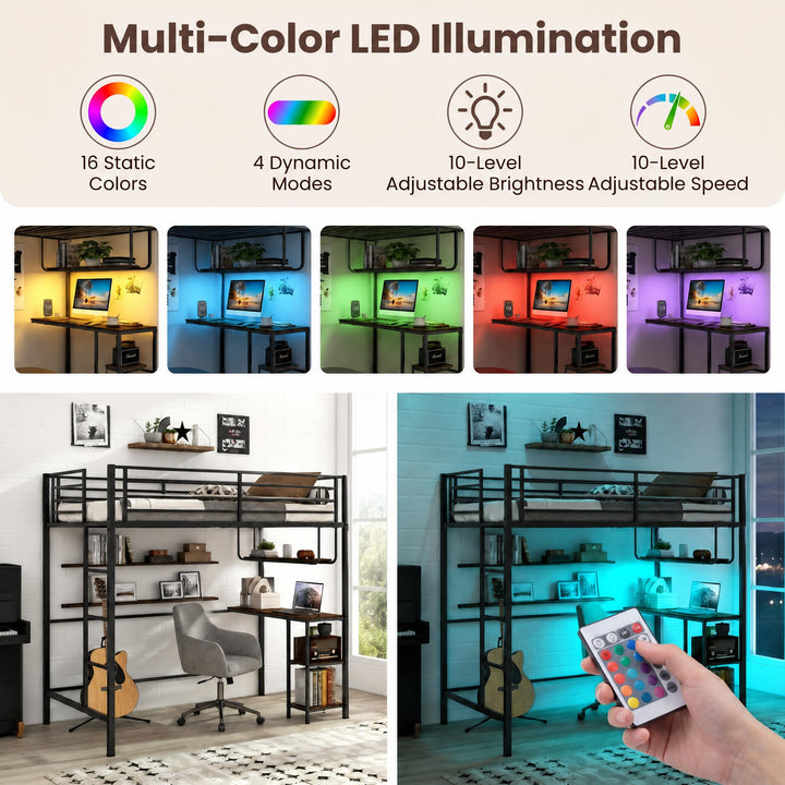 Giantex Twin Loft Bed with Desk LED Lights &amp; Charging Station