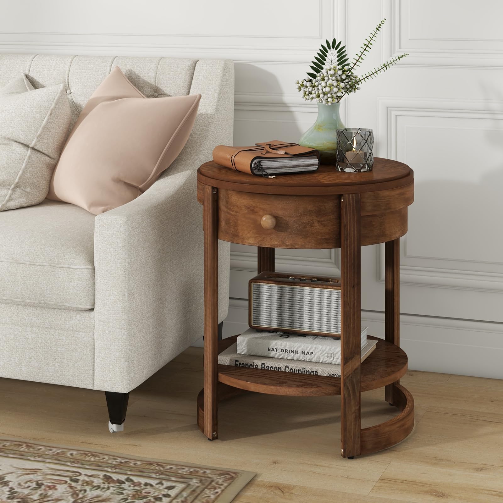 Giantex Round Side Tables Set of 1/2, 2-Tier Retro End Tables with Drawer & Shelf