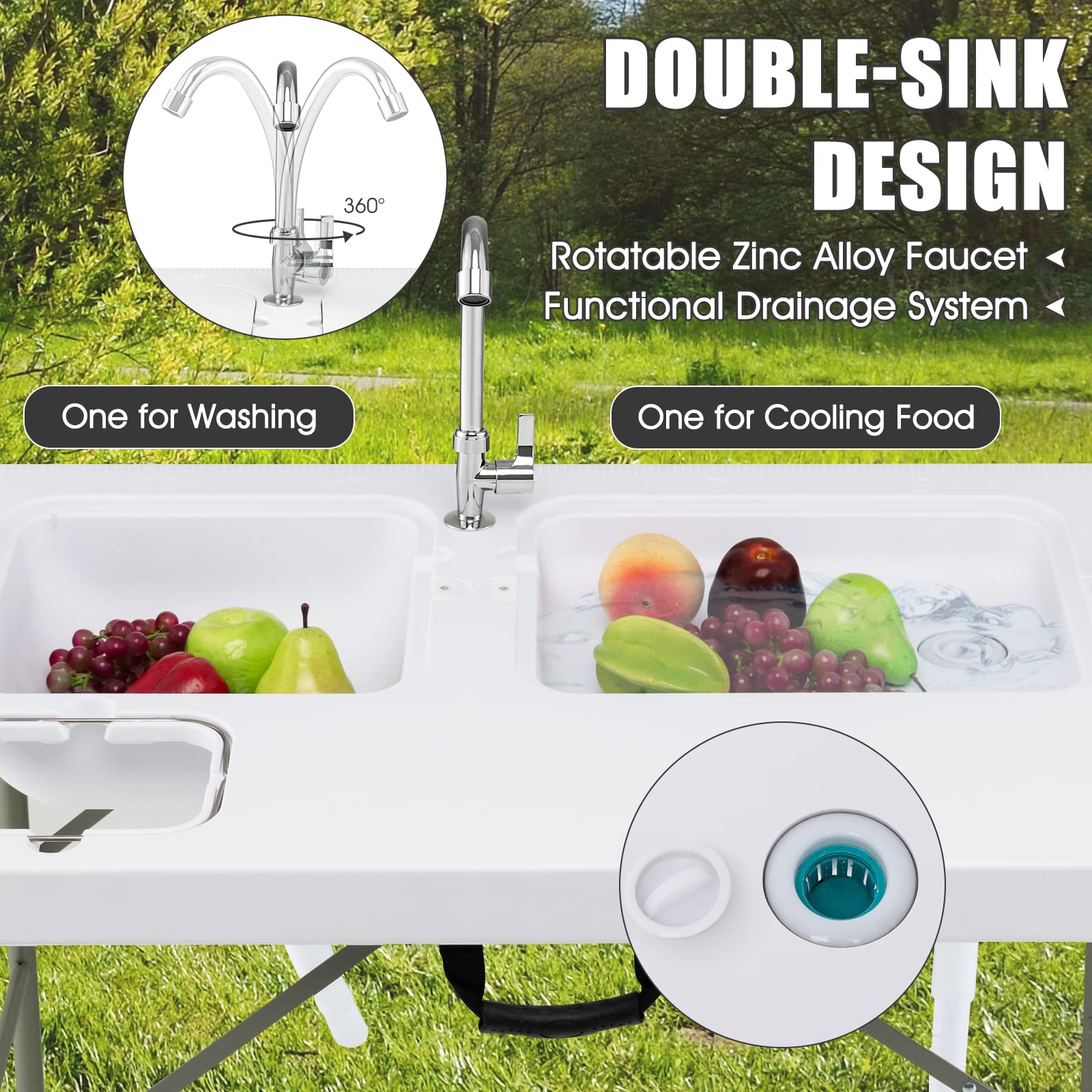 Giantex Fish Cleaning Table with 2 Sinks, Faucet, Garage Holder, Portable Folding Camping Table with Measuring Mark
