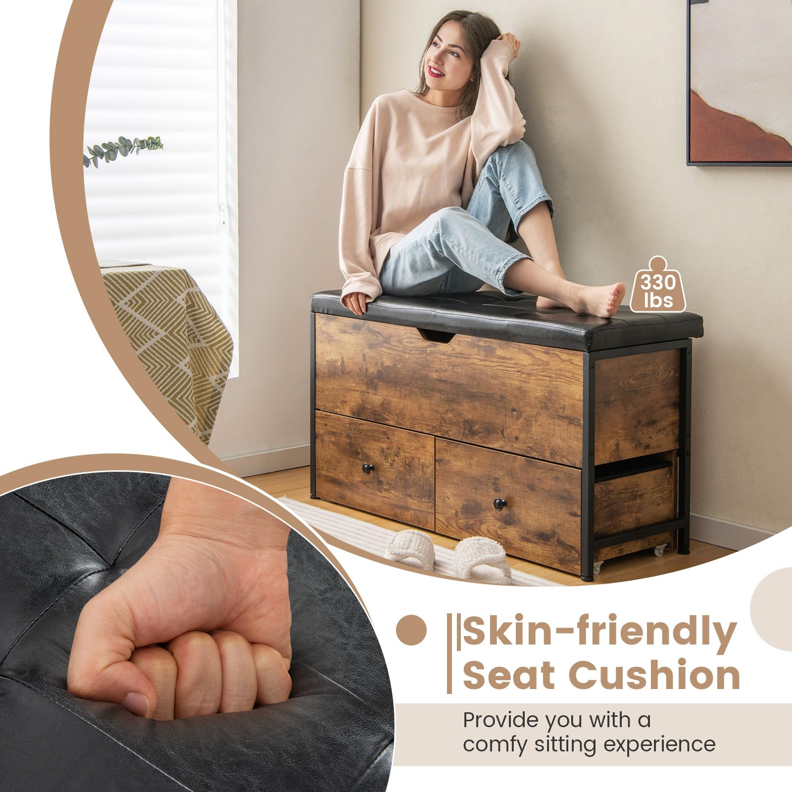 Giantex Storage Bench with Flip Top Storage Chest, 2 Rolling Drawers (Rustic Brown)