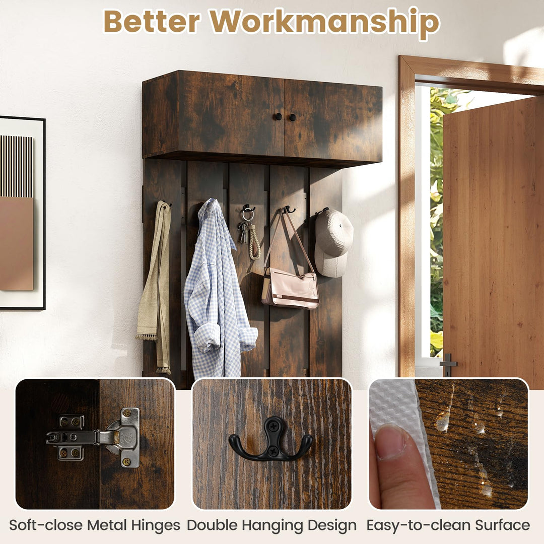 Giantex Wall Mounted Coat Rack 2-in 1 Hall Tree w/ 5 Double Hooks & 2-Door Cabinet