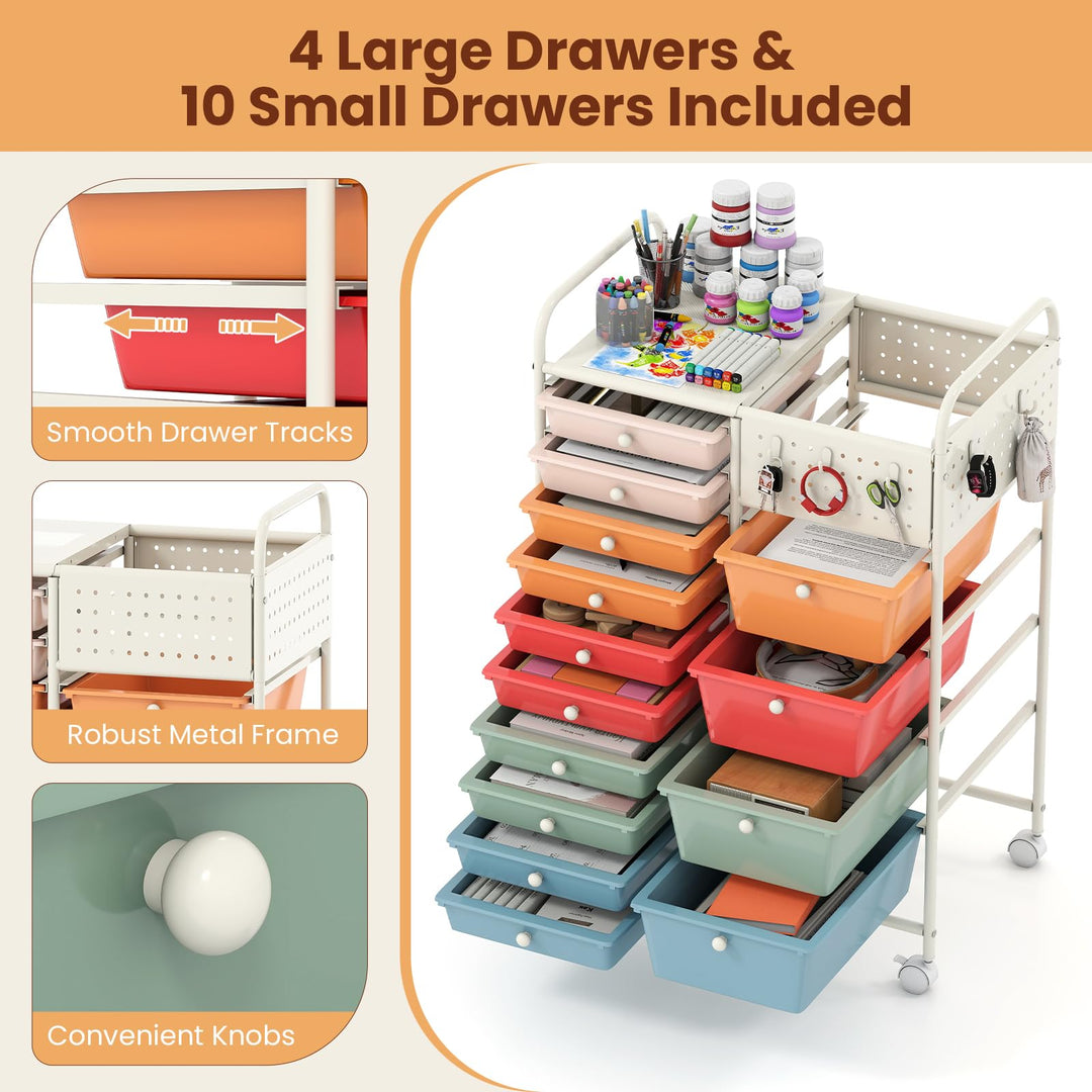 Giantex 14 Drawer Storage Cart | Rolling Craft Cart with Metal Tabletop &amp; Pegboard