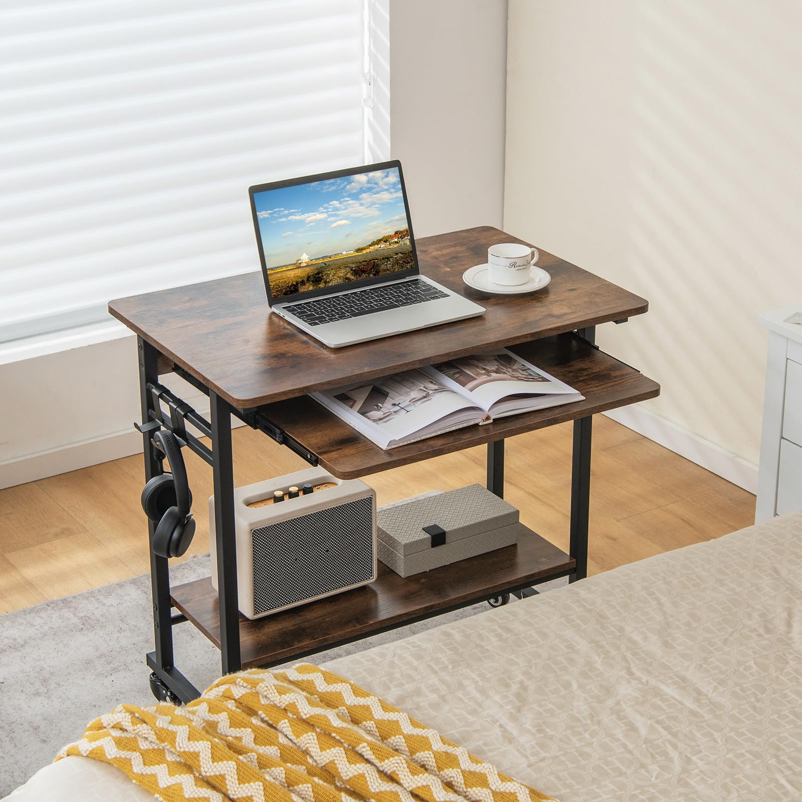Giantex Mobile Computer Desk, Rolling Writing Desk with Keyboard Tray, Shelf & 3 Hanging Hooks, Rustic Brown & Black