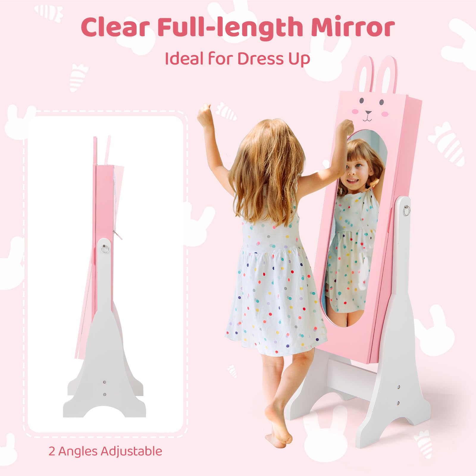 CHARMAID Kids Mirror Jewelry Cabinet - 45" Standing Jewelry Armoire with Full Length Mirror