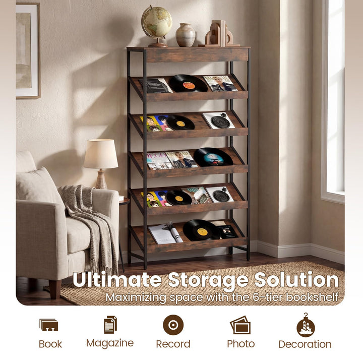 Giantex 6-Tier Industrial Tall Bookcase with Angled Shelves and Metal Frame