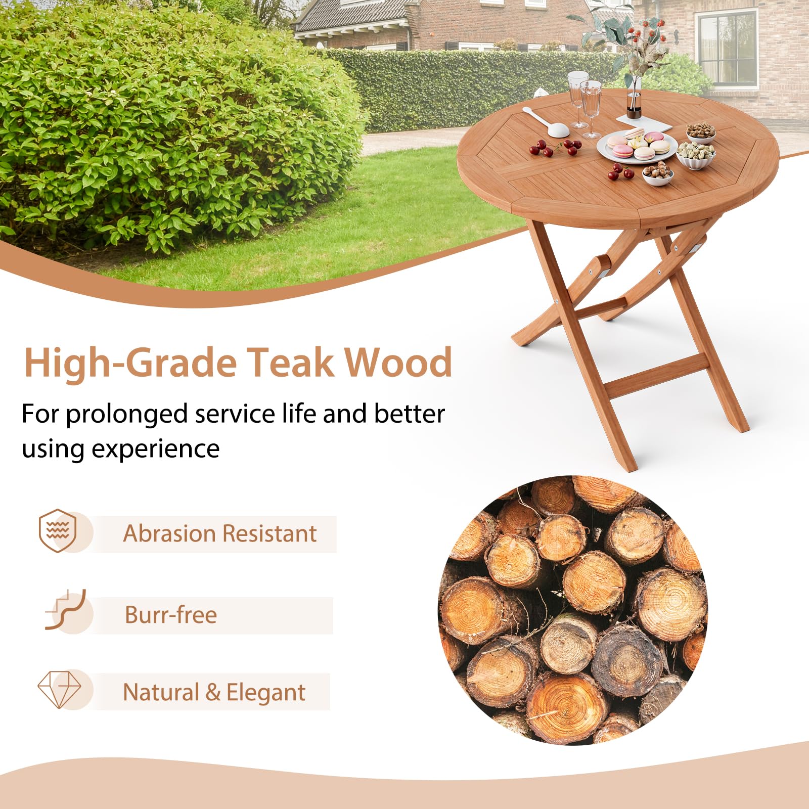 Giantex 31.5” Outdoor Folding Table, Patio Solid Teak Dining Table with Natural Appearance, Space-Saving Design