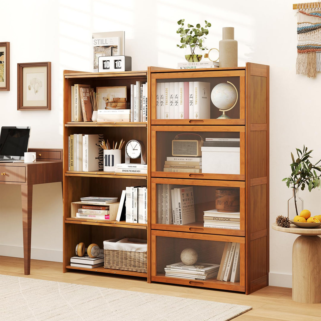 Giantex 4-Tier Bookcase with Clear Doors, 55" Bamboo Bookshelf with Flip-up Acrylic Doors, Freestanding Cube Storage Organizer with Shelves