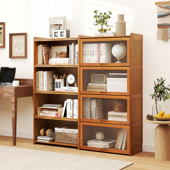 Giantex 4-Tier Bookcase with Clear Doors, 55" Bamboo Bookshelf with Flip-up Acrylic Doors, Freestanding Cube Storage Organizer with Shelves