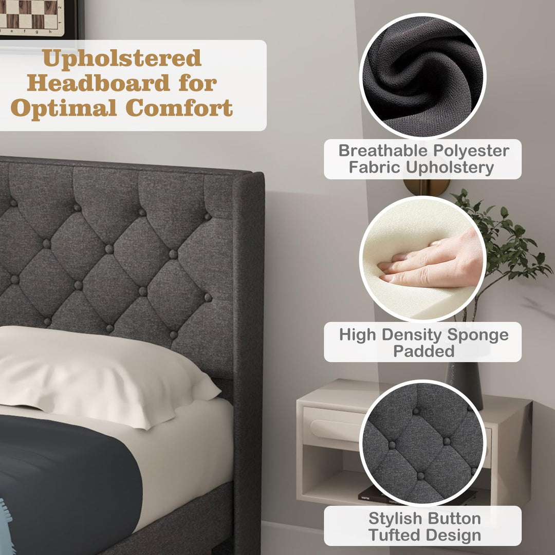 Giantex Bed Frame with Button Tufted Headboard, Modern Fabric Upholstered Platform Bed with Wingback Design, Grey