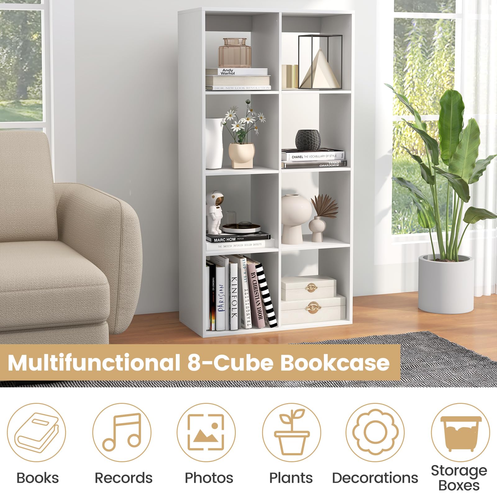 Giantex 8-Cube Bookcase, White Cubby Bookshelf w/Back Guardrail & Anti-Tipping Kits