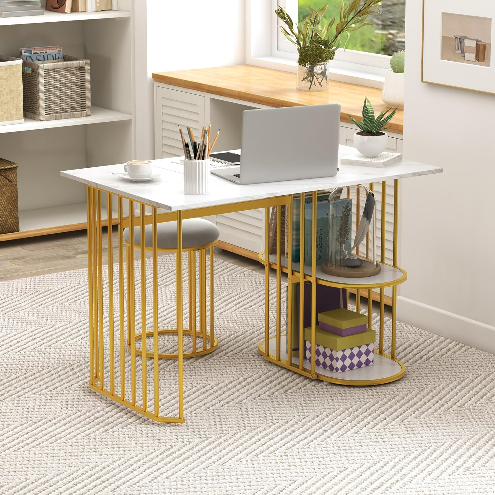Giantex 3-Piece Dining Table Set for 2, Rectangular Kitchen Table with 2 Stools, 2-Tier Storage Shelf