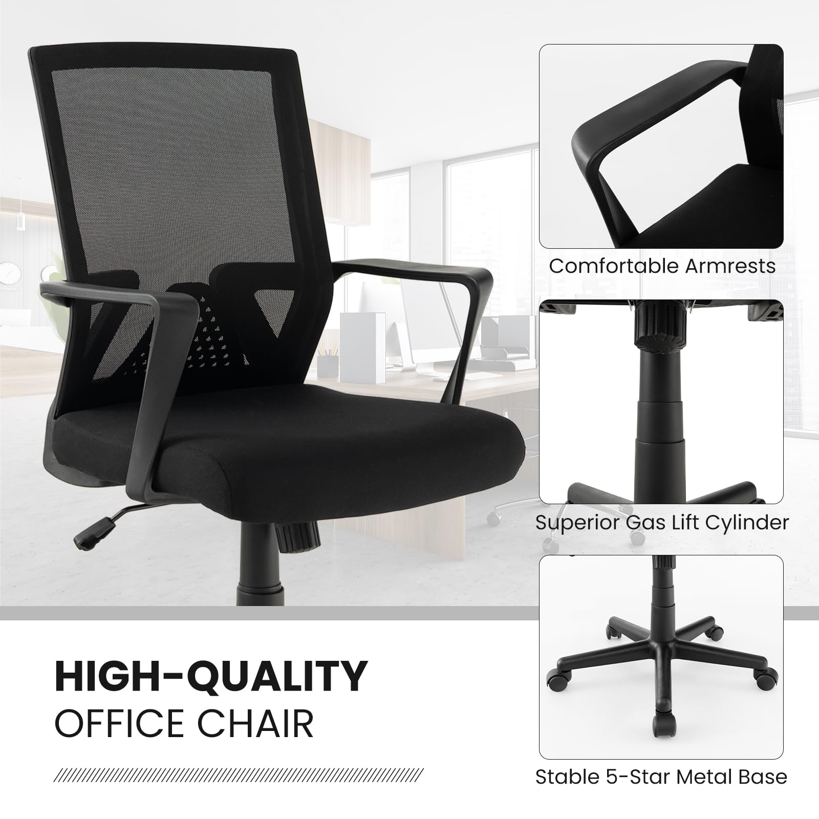 Giantex Office Desk Chair with Lumbar Support, Ergonomic Mesh Office Chair with Wheels and Armrests