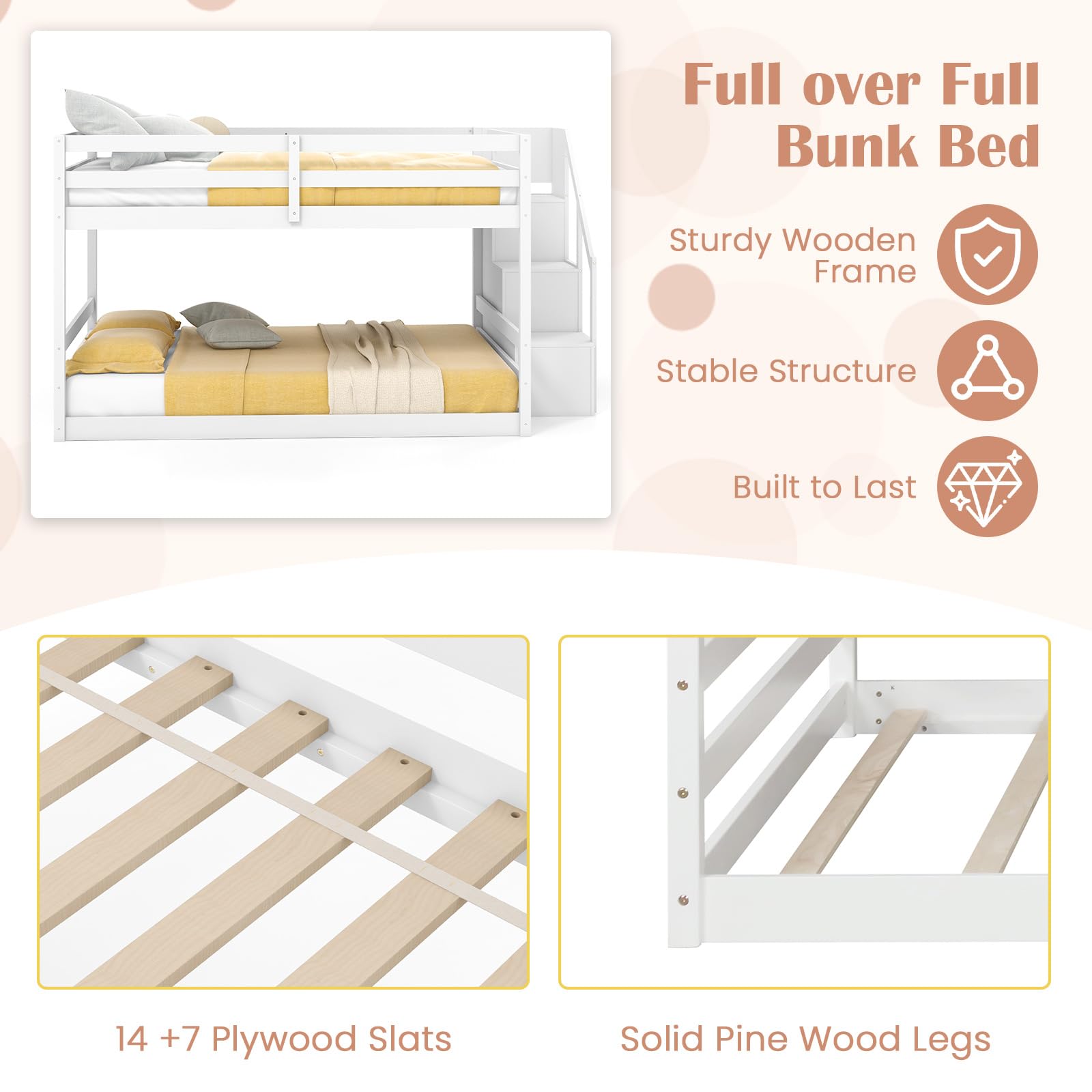 Giantex Bunk Bed with Stairs, Solid Wood Floor Bunk Bed with Storage Staircase & Full-Length Guardrails