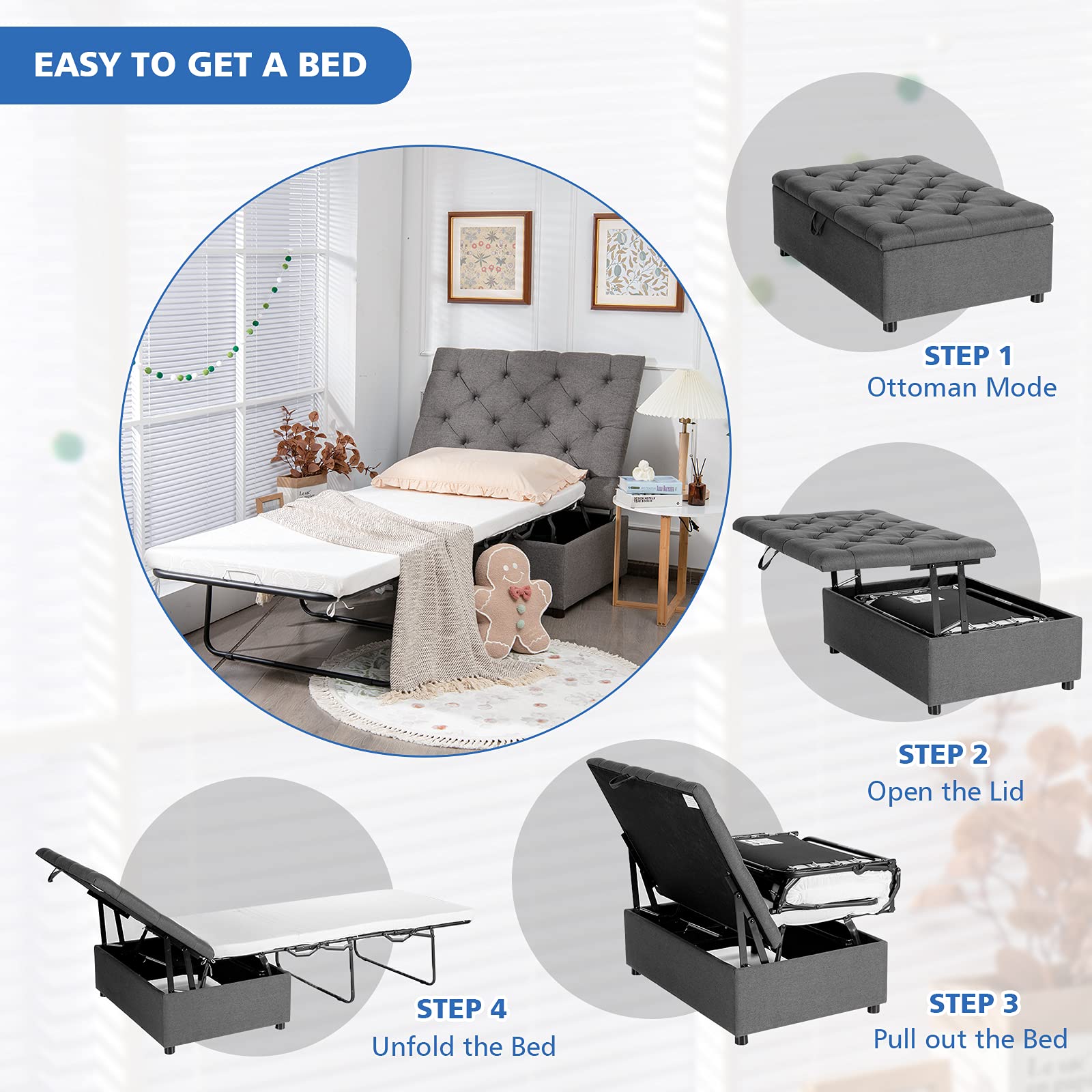 Giantex Ottoman Folding Bed, Fold Out Sleeper Bed with Mattress, Convertible Chair into Sofa Bed