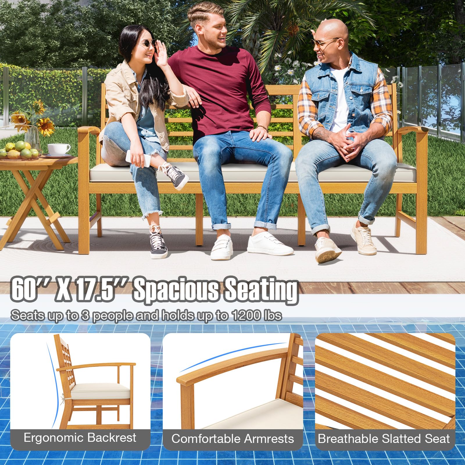 Giantex Acacia Wood Outdoor Bench, 3-Seat Patio Bench with Removable Cushion