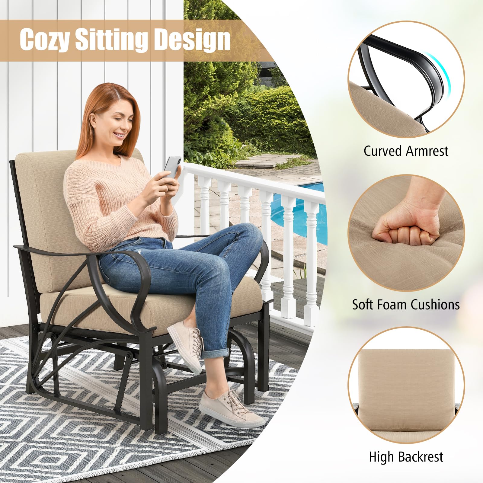 Giantex Patio Glider Outdoor Chair - Outside Rocking Chair with Thick Cushion, Sprayed Metal Frame