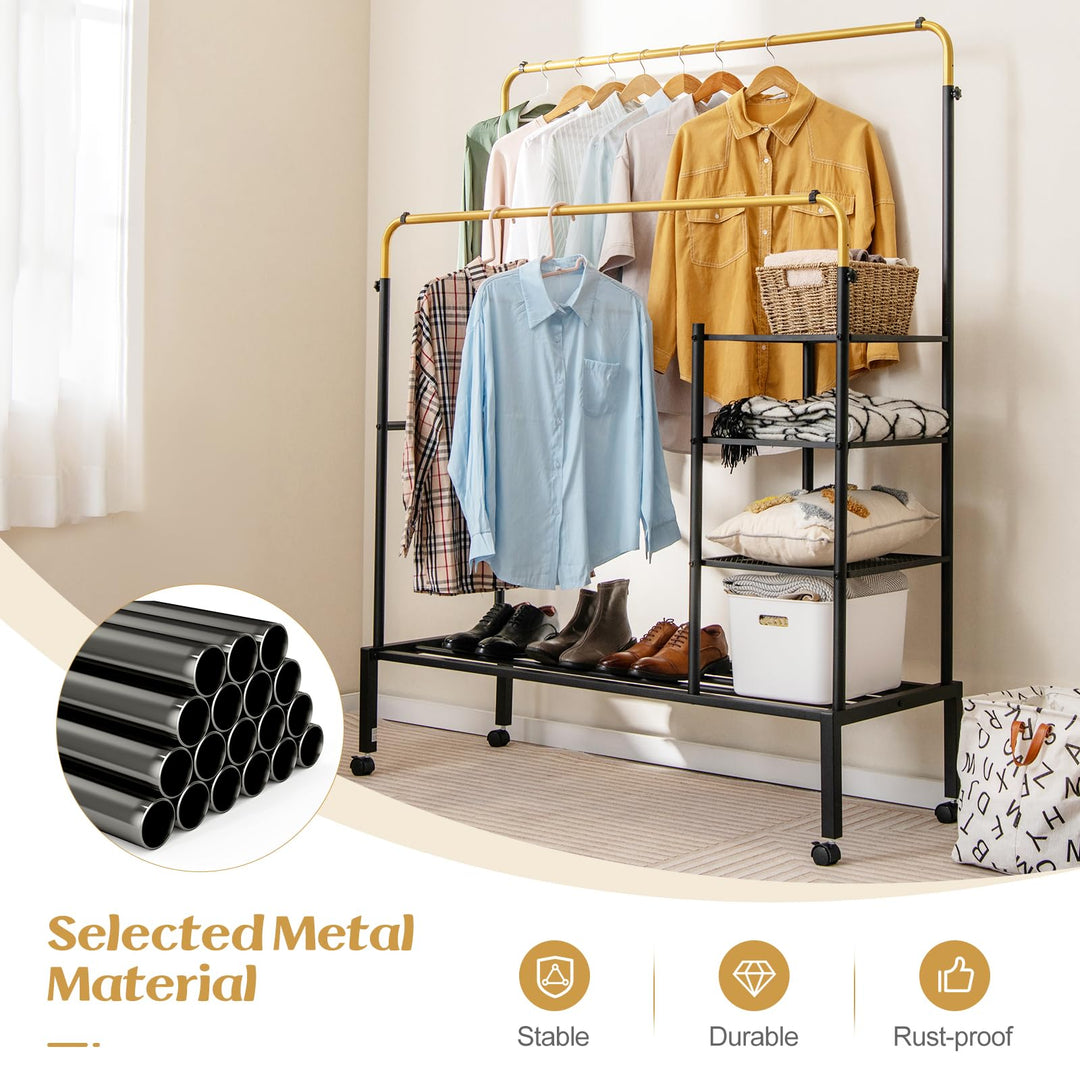 Giantex Double Rods Garment Rack with Wheels, Clothing Rack w/ 2 Hanging Height Adjustable Rods, Side Mesh Racks