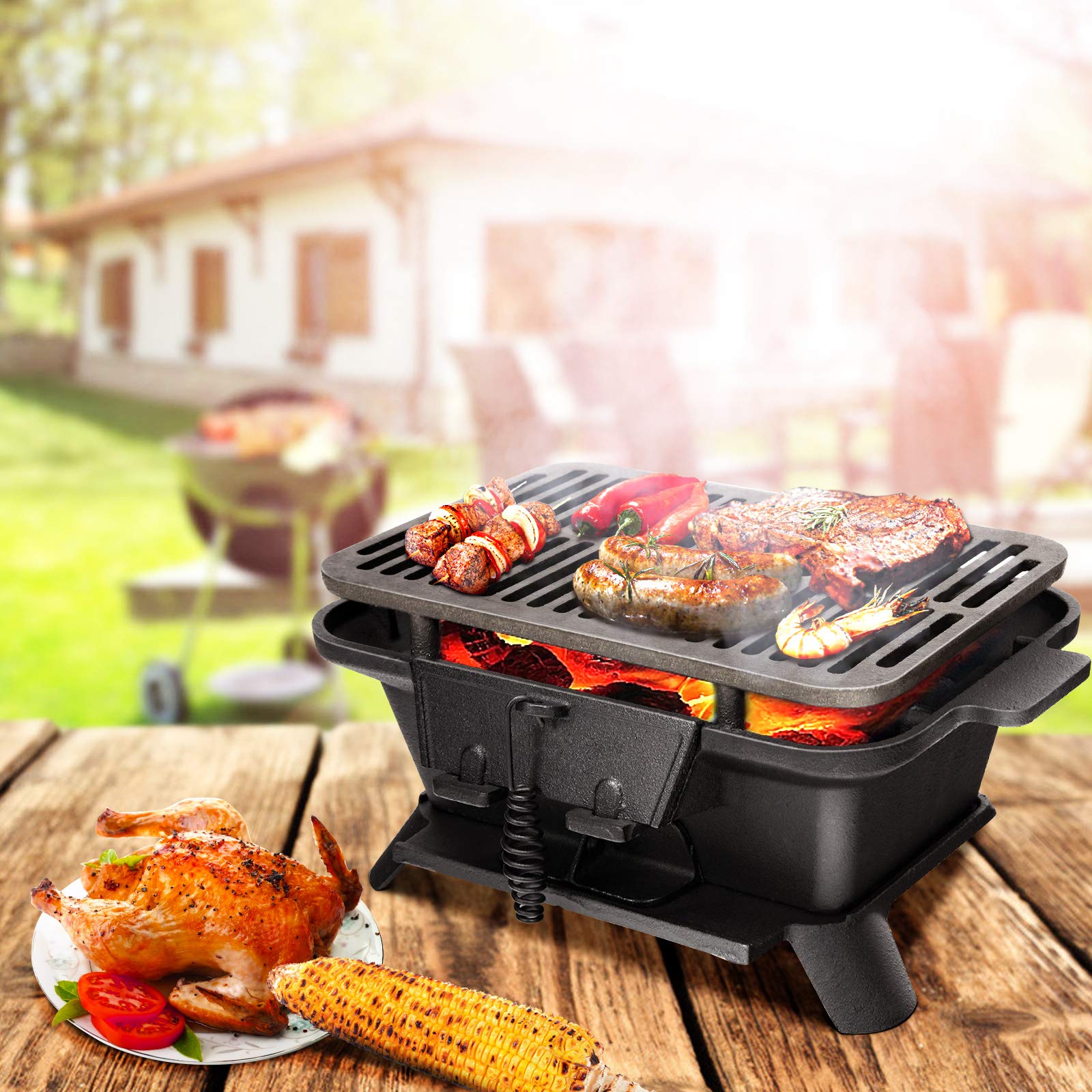 Portable Cast Iron Grill with Double-sided Grilling Net