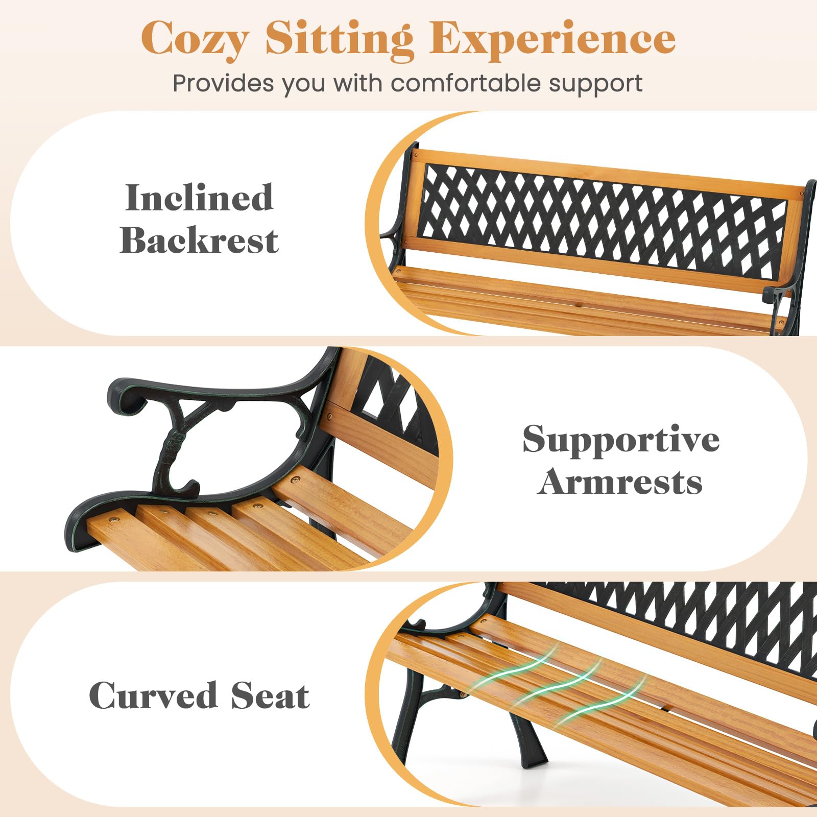 Giantex Outdoor Bench, 3-Person Garden Bench with Slatted Seat, Curved Armrests, 470 Lbs Capacity
