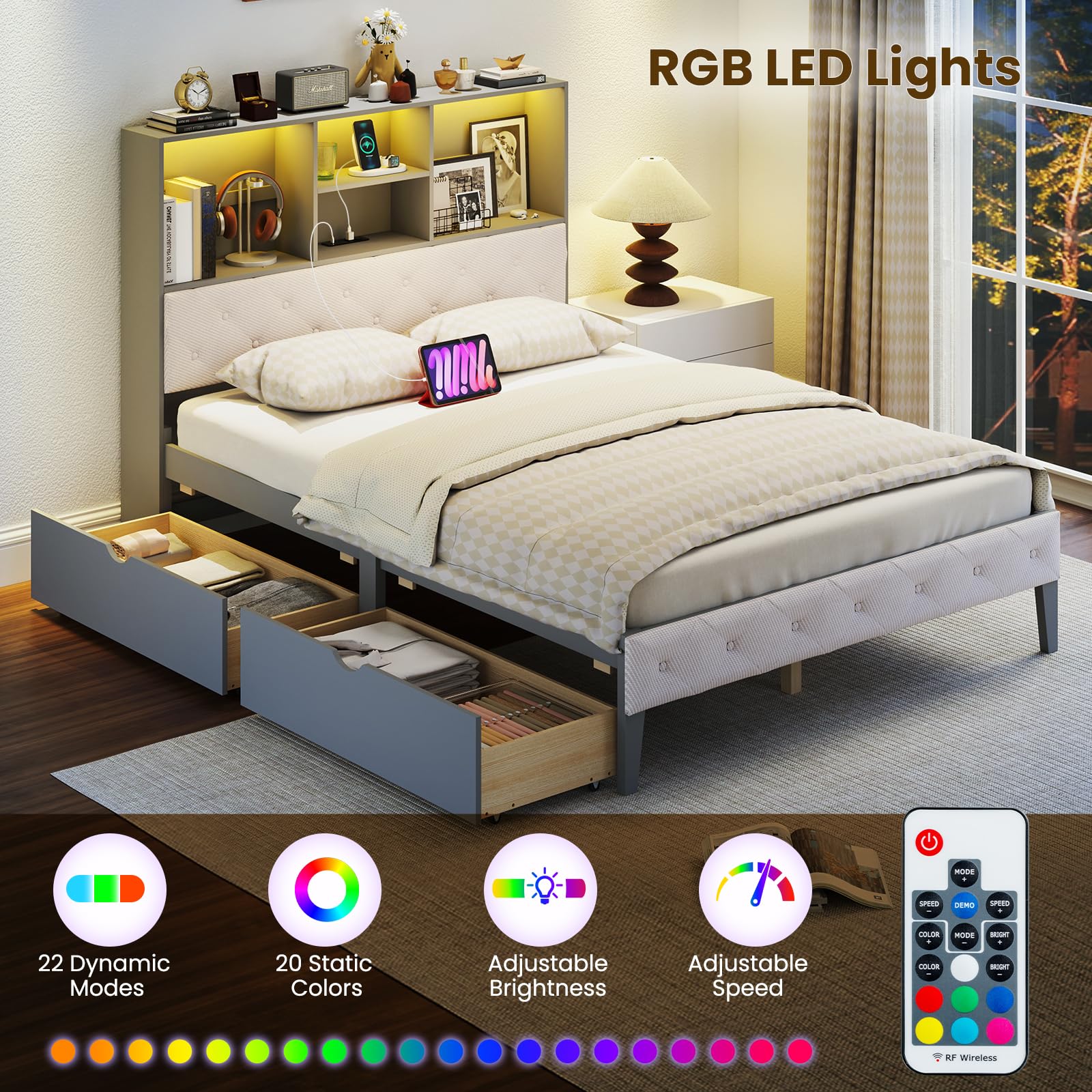 Giantex Gray Full Size Bed Frame with Upholstered Bookcase Headboard