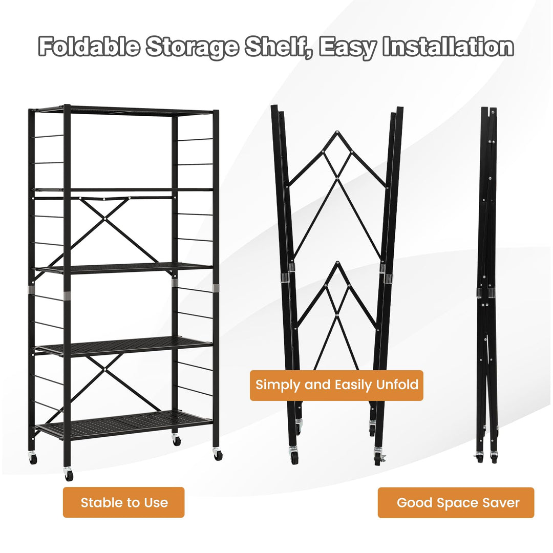 Giantex 5-Tier Folding Bookshelf with Wheels of 1/2, 60" Tall Foldable Metal Shelves for Storage