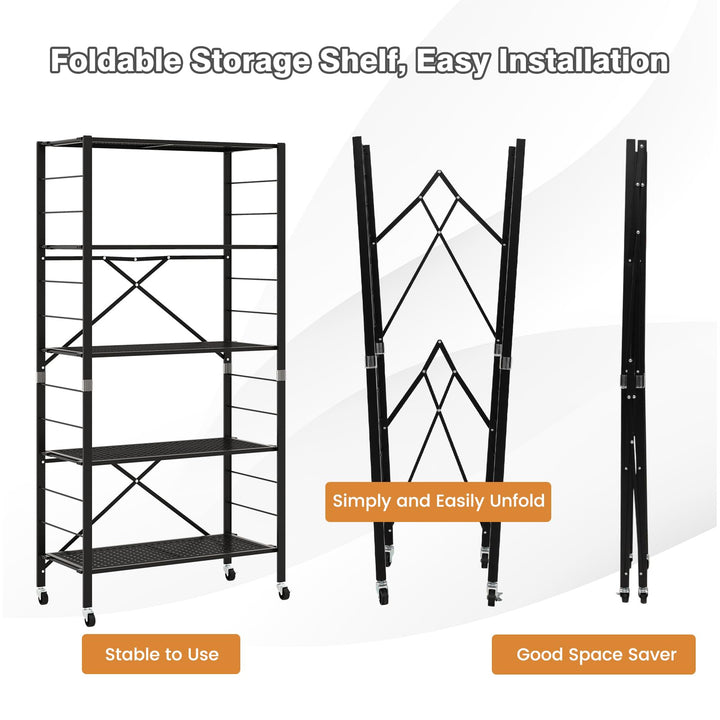 Giantex 5-Tier Folding Bookshelf with Wheels of 1/2, 60" Tall Foldable Metal Shelves for Storage