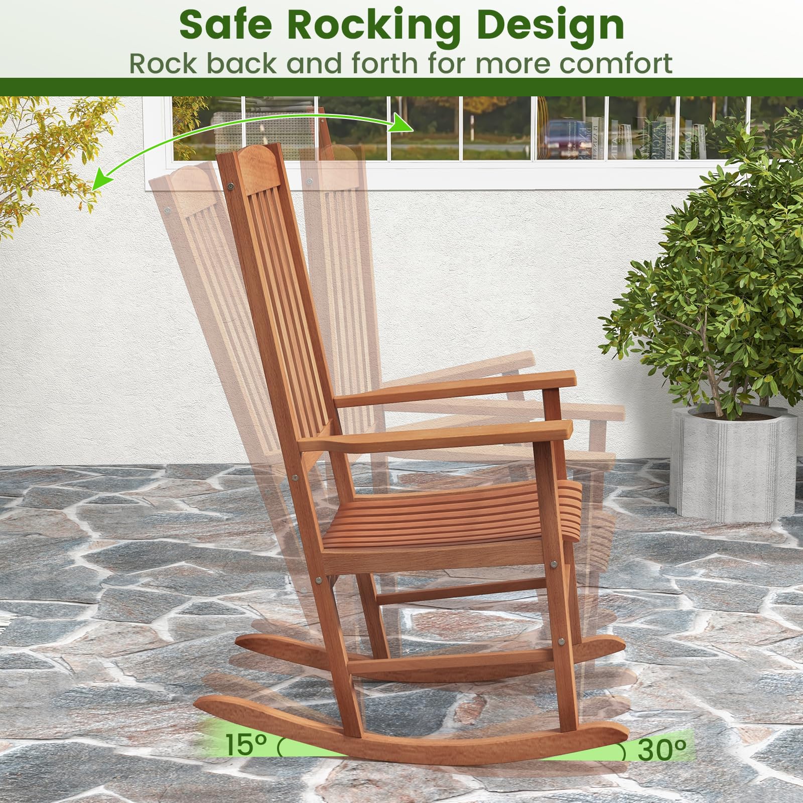 Giantex Wood Outdoor Rocking Chair - Eucalyptus Rocker Chair with Stable & Safe Rocking Base
