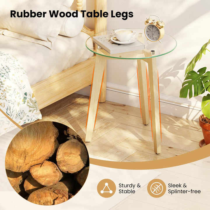 Giantex Glass Round Side Table w/Tempered Glass Top & Rubber Wood Frame
