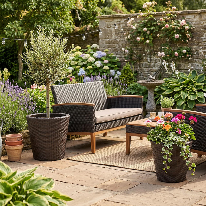 Giantex Set of 2 Plastic Planters | 15 Inch &amp; 11.5 Inch Taper Rattan Planters with Drainage Holes