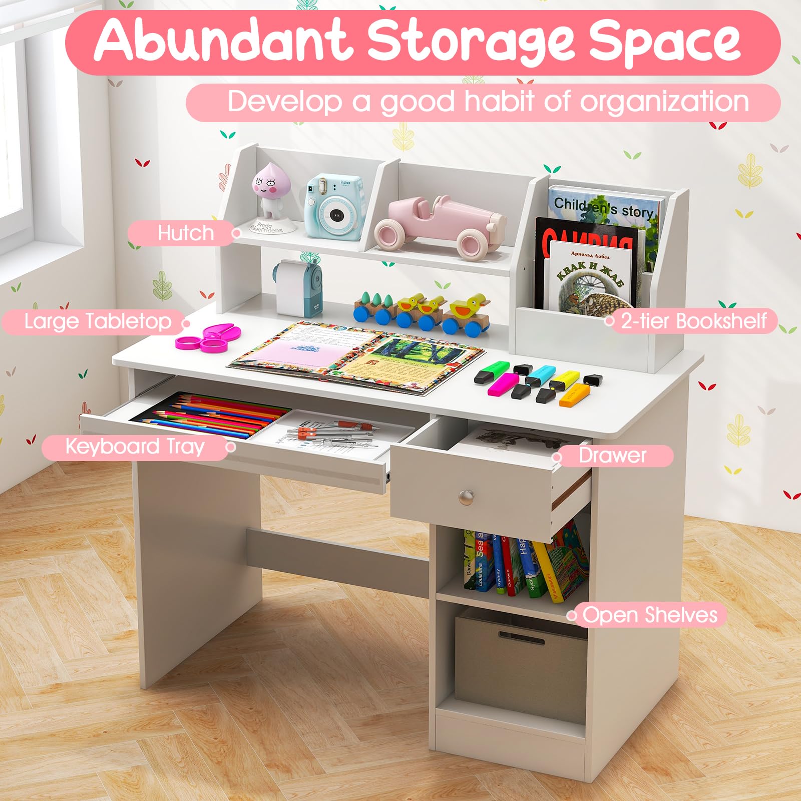 Giantex Kids Study Desk, Children Wooden Writing Table with Hutch