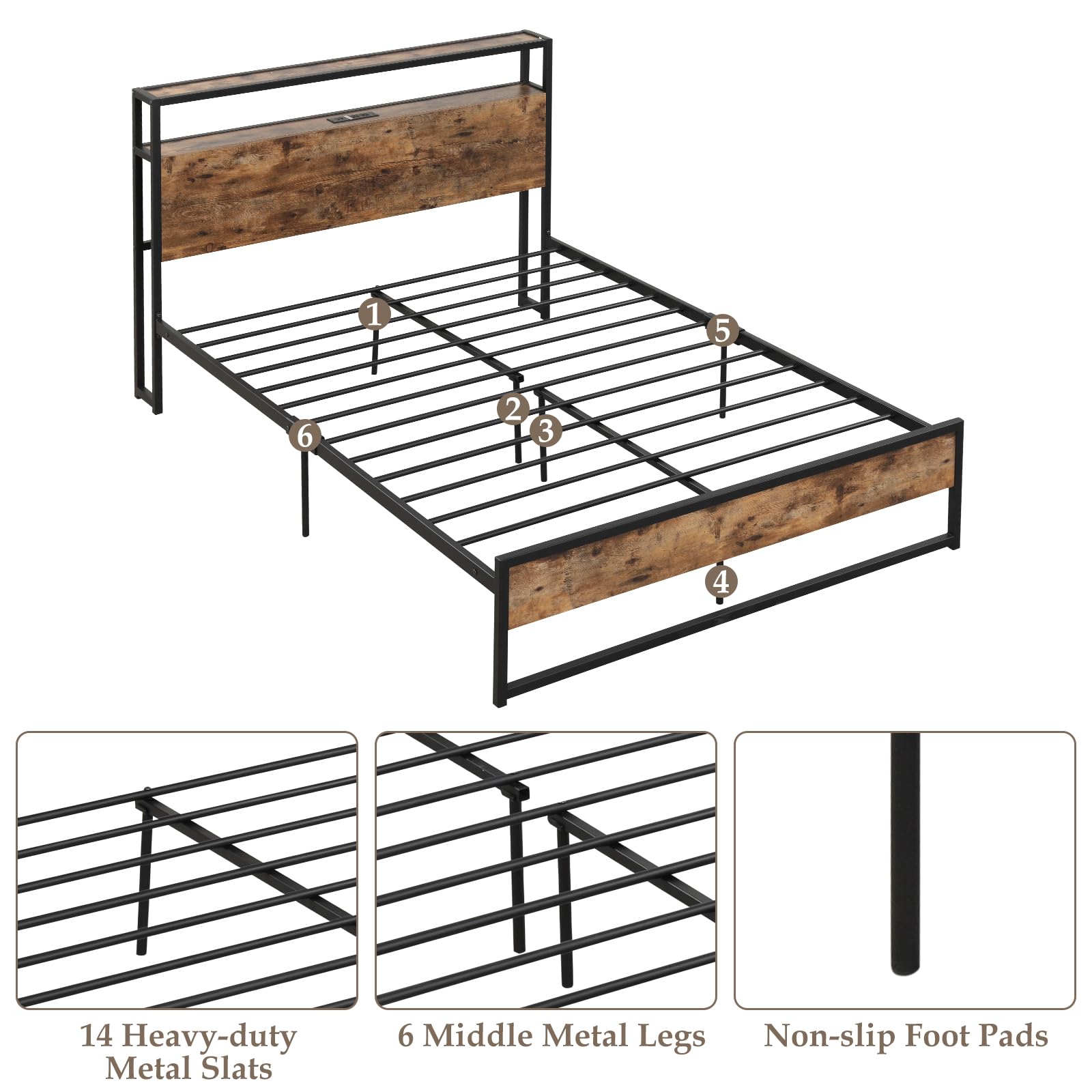 Giantex Full Bed Frame with Storage Headboard and Charging Station, with Outlets and USB Ports