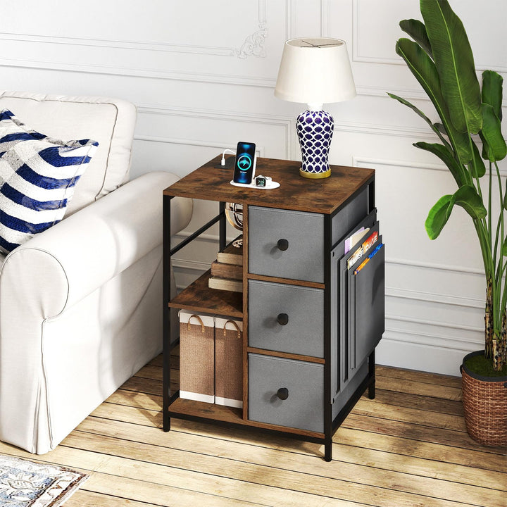 Giantex Industrial Nightstand with Charging Station - End Side Table w/3 Fabric Drawers